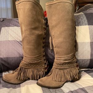Naughty Monkey Zarape Taupe Tall Knee High Fringe Boots size 9